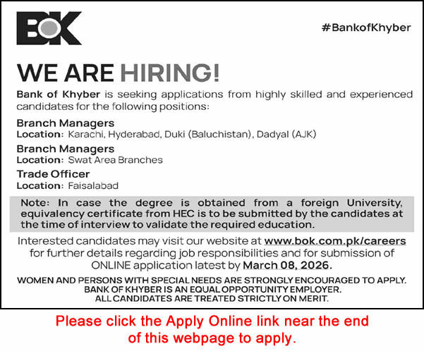 Bank of Khyber Jobs February 2026
